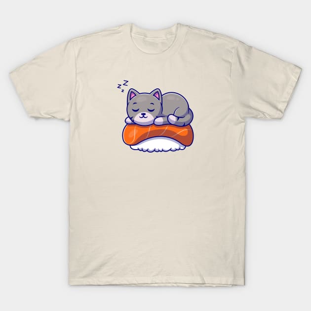 Cute Cat Sleeping On Sushi Salmon Cartoon T-Shirt by Catalyst Labs